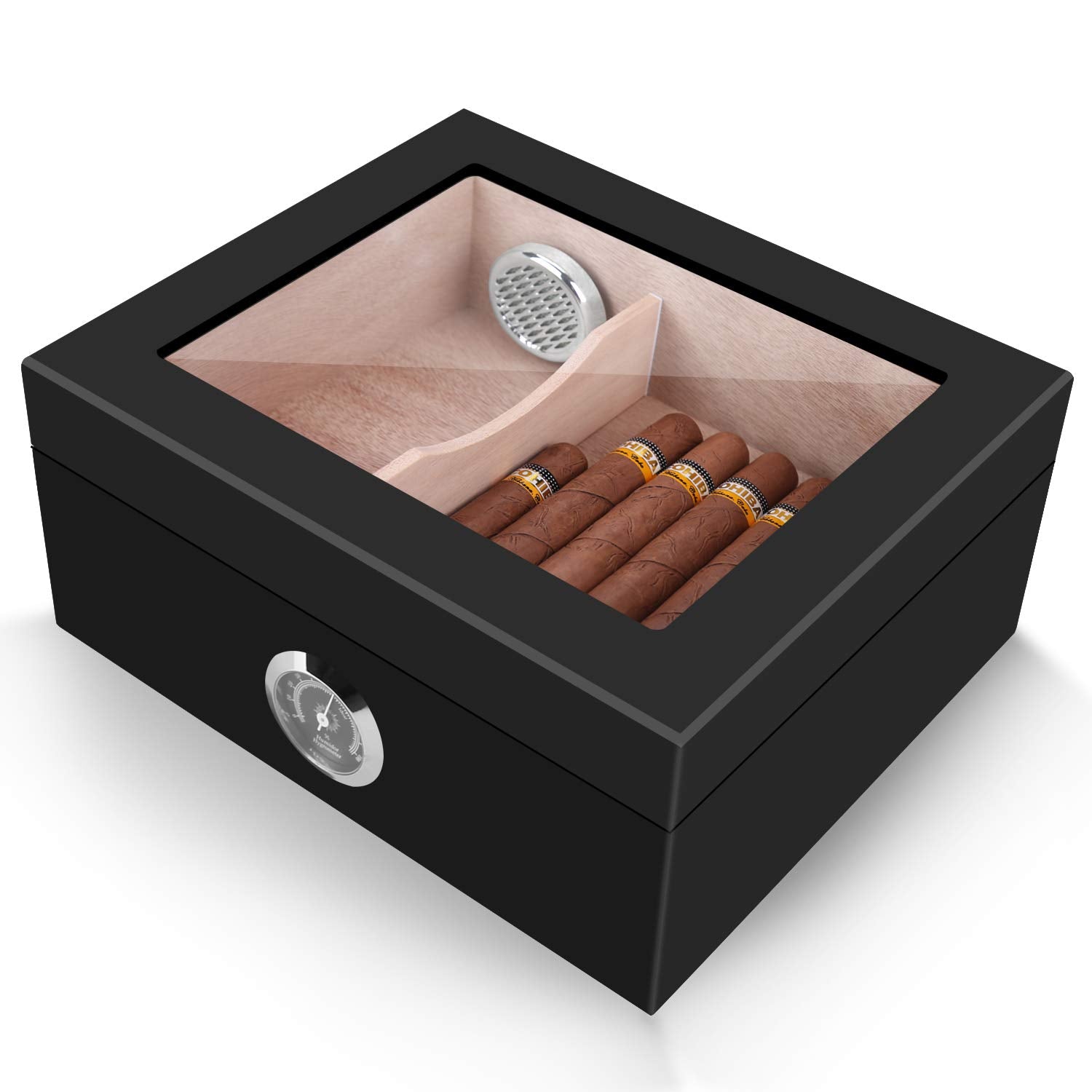 Handmade Cigar Humidor, Cedar Cigar Desktop Box with Humidifier and Hygrometer, Glass Top for 25 Cigars