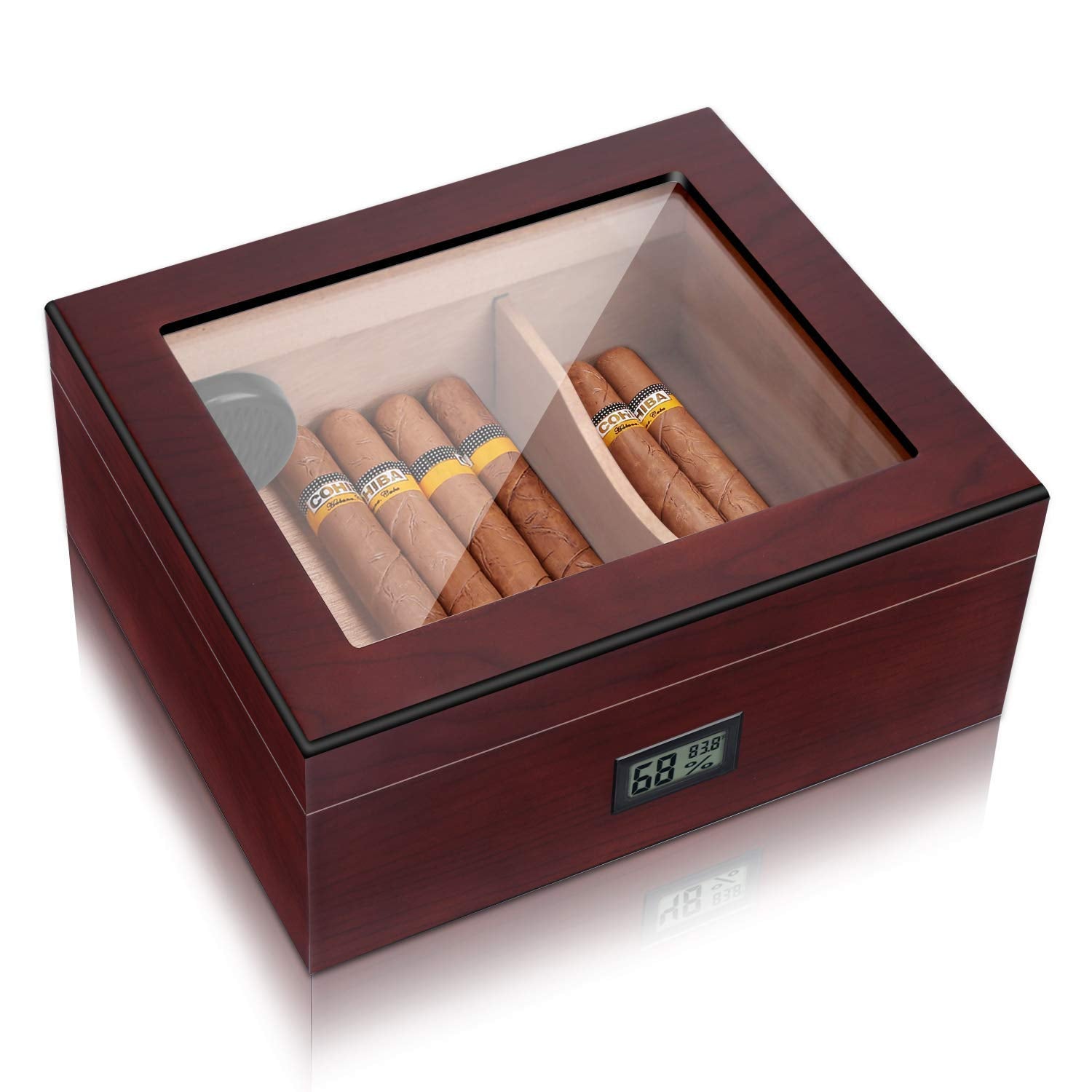 Handmade Cigar Humidor, Cedar Cigar Desktop Box with Humidifier and Hygrometer, Glass Top for 25 Cigars