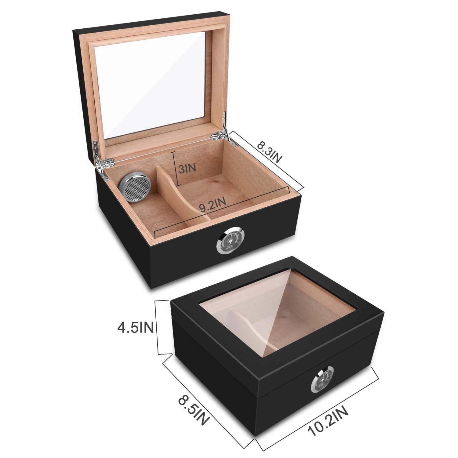 Handmade Cigar Humidor, Cedar Cigar Desktop Box with Humidifier and Hygrometer, Glass Top for 25 Cigars