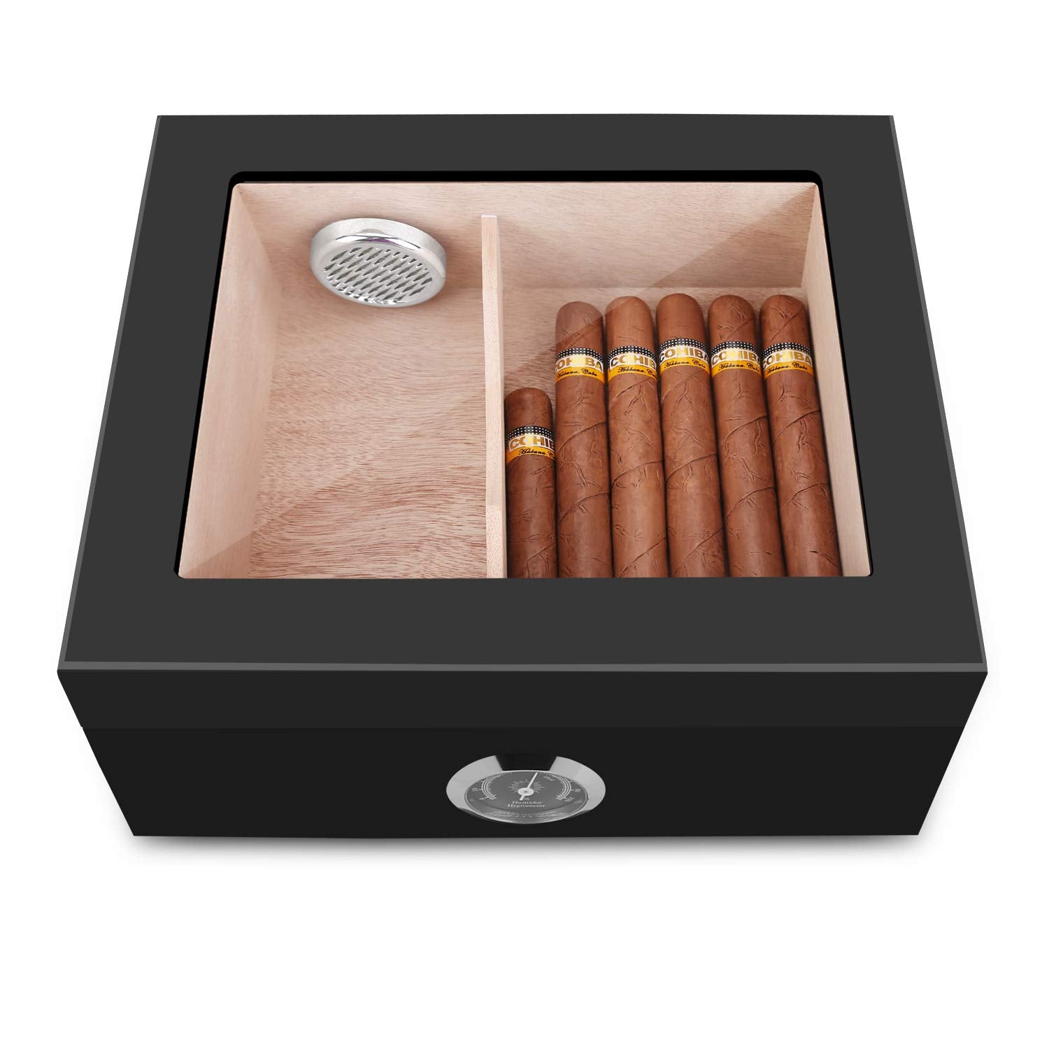 Handmade Cigar Humidor, Cedar Cigar Desktop Box with Humidifier and Hygrometer, Glass Top for 25 Cigars