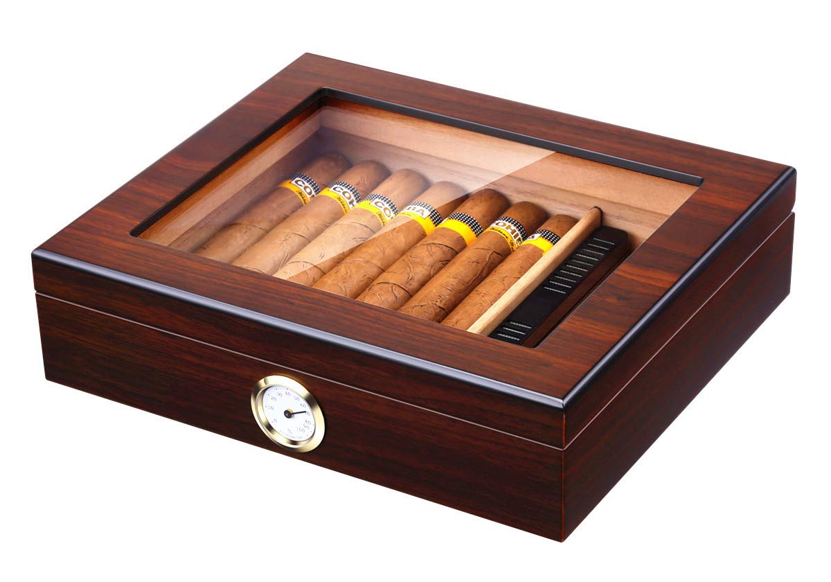 Handmade Cigar Humidor, Cedar Cigar Desktop Box with Humidifier and Hygrometer, Glass Top for 25 Cigars