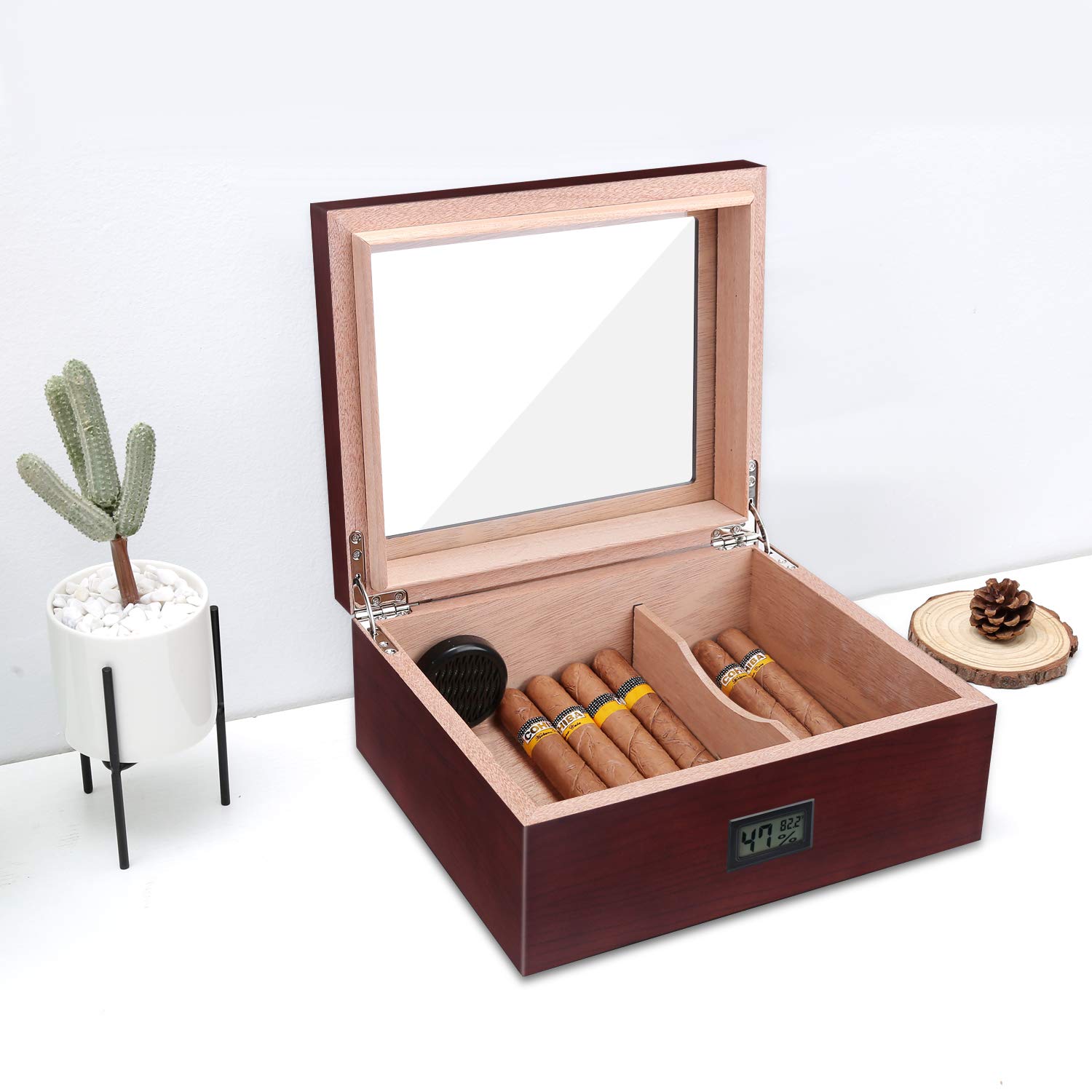 Handmade Cigar Humidor, Cedar Cigar Desktop Box with Humidifier and Hygrometer, Glass Top for 25 Cigars