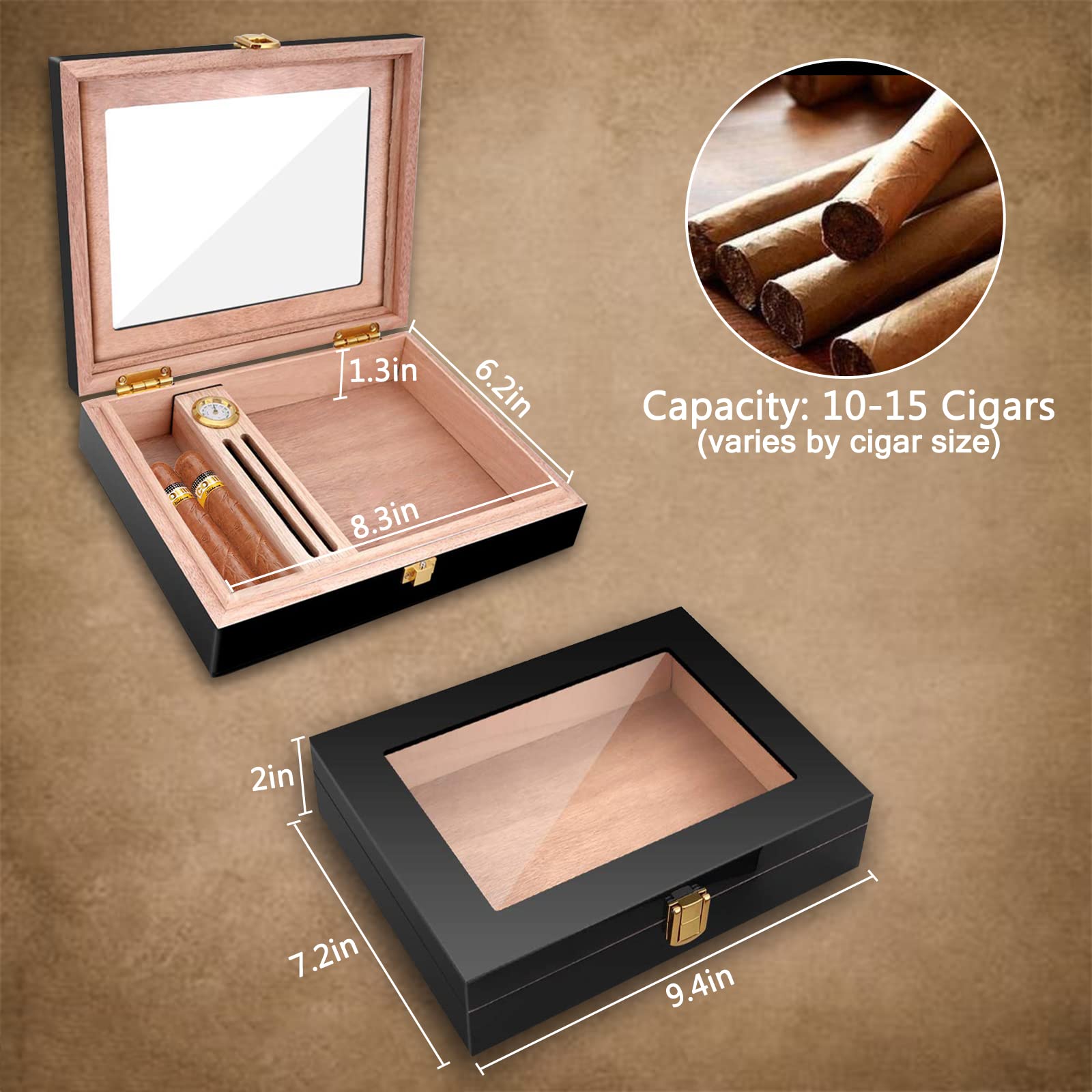 Handmade Cigar Humidor, Cedar Cigar Desktop Box with Humidifier and Hygrometer, Glass Top for 25 Cigars