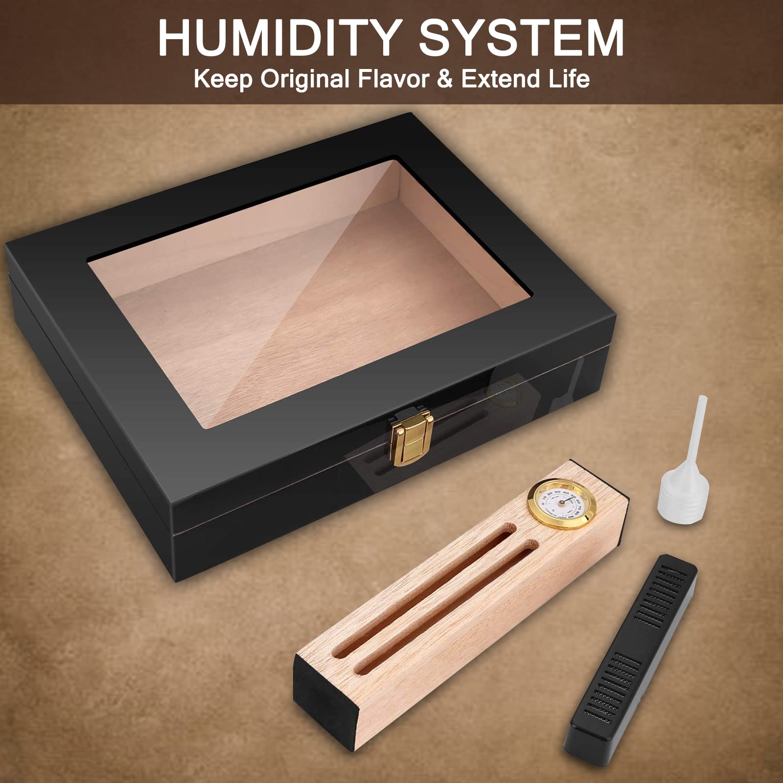 Handmade Cigar Humidor, Cedar Cigar Desktop Box with Humidifier and Hygrometer, Glass Top for 25 Cigars