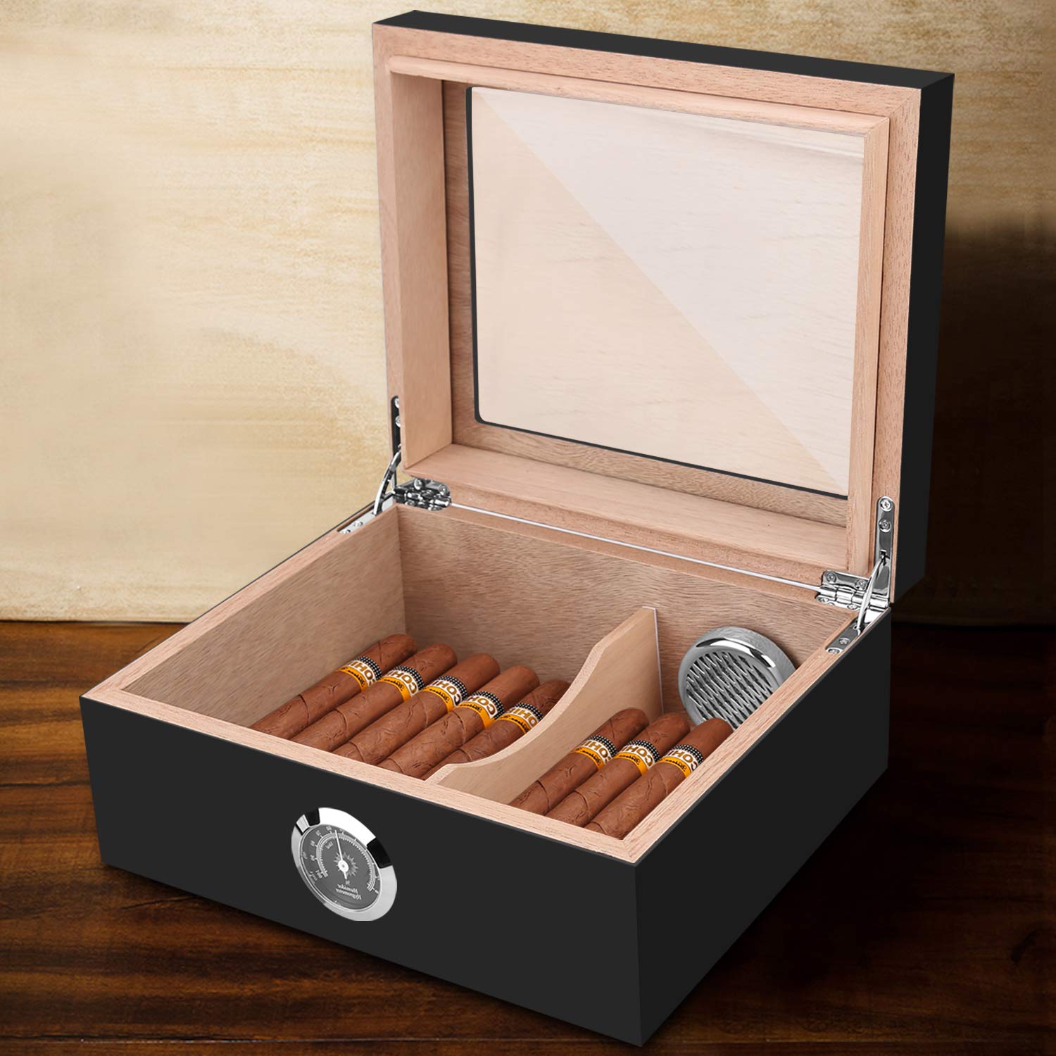 Handmade Cigar Humidor, Cedar Cigar Desktop Box with Humidifier and Hygrometer, Glass Top for 25 Cigars