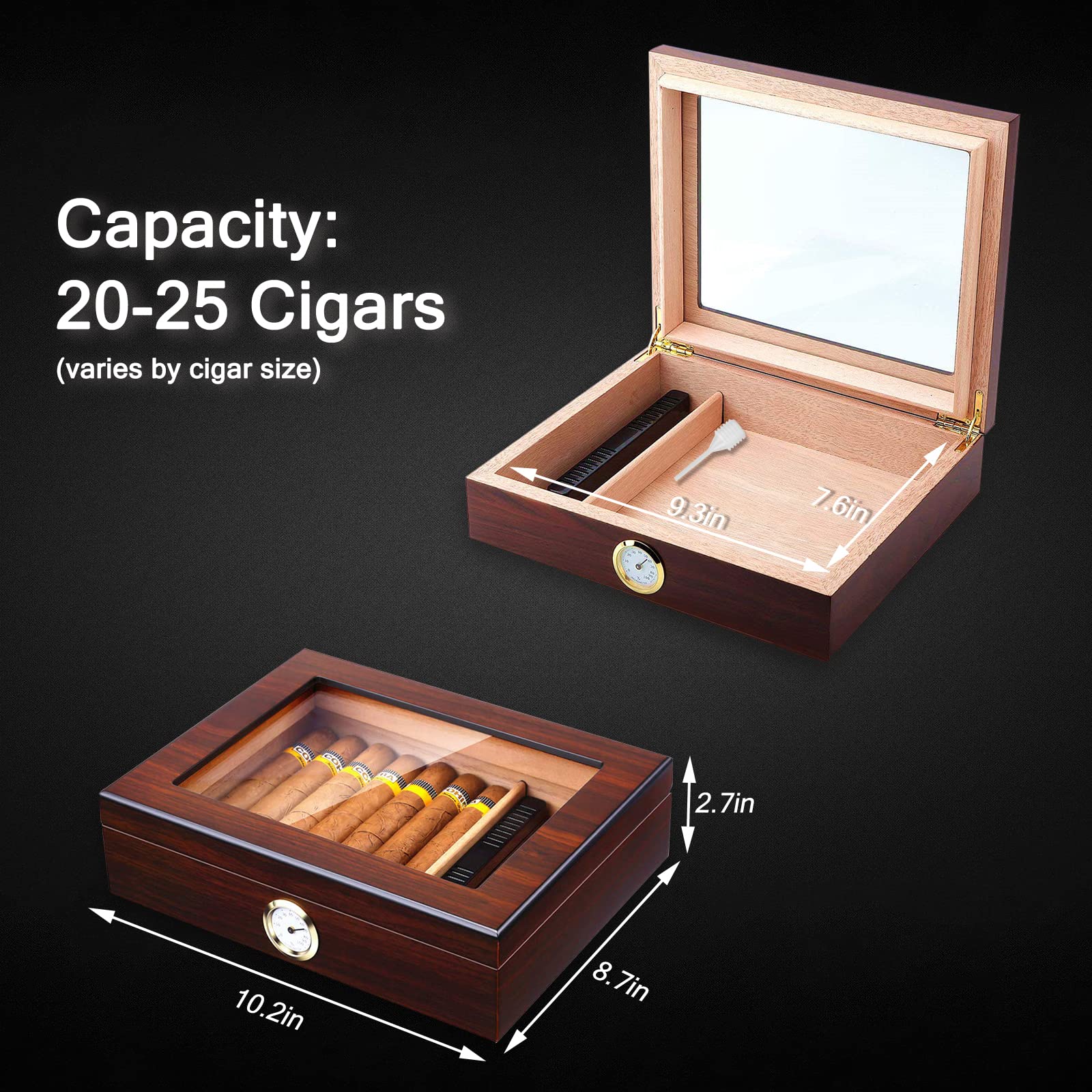 Handmade Cigar Humidor, Cedar Cigar Desktop Box with Humidifier and Hygrometer, Glass Top for 25 Cigars