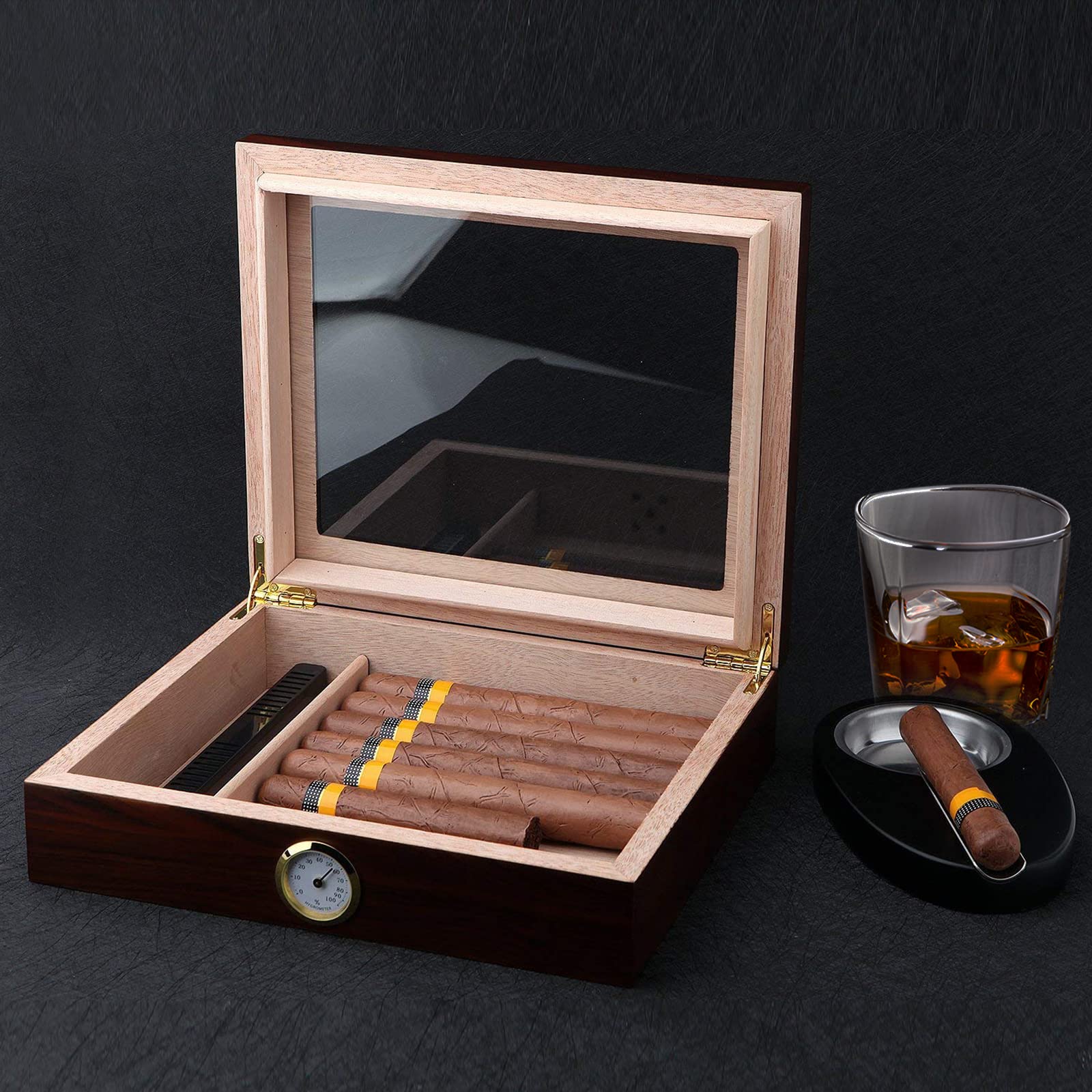 Handmade Cigar Humidor, Cedar Cigar Desktop Box with Humidifier and Hygrometer, Glass Top for 25 Cigars