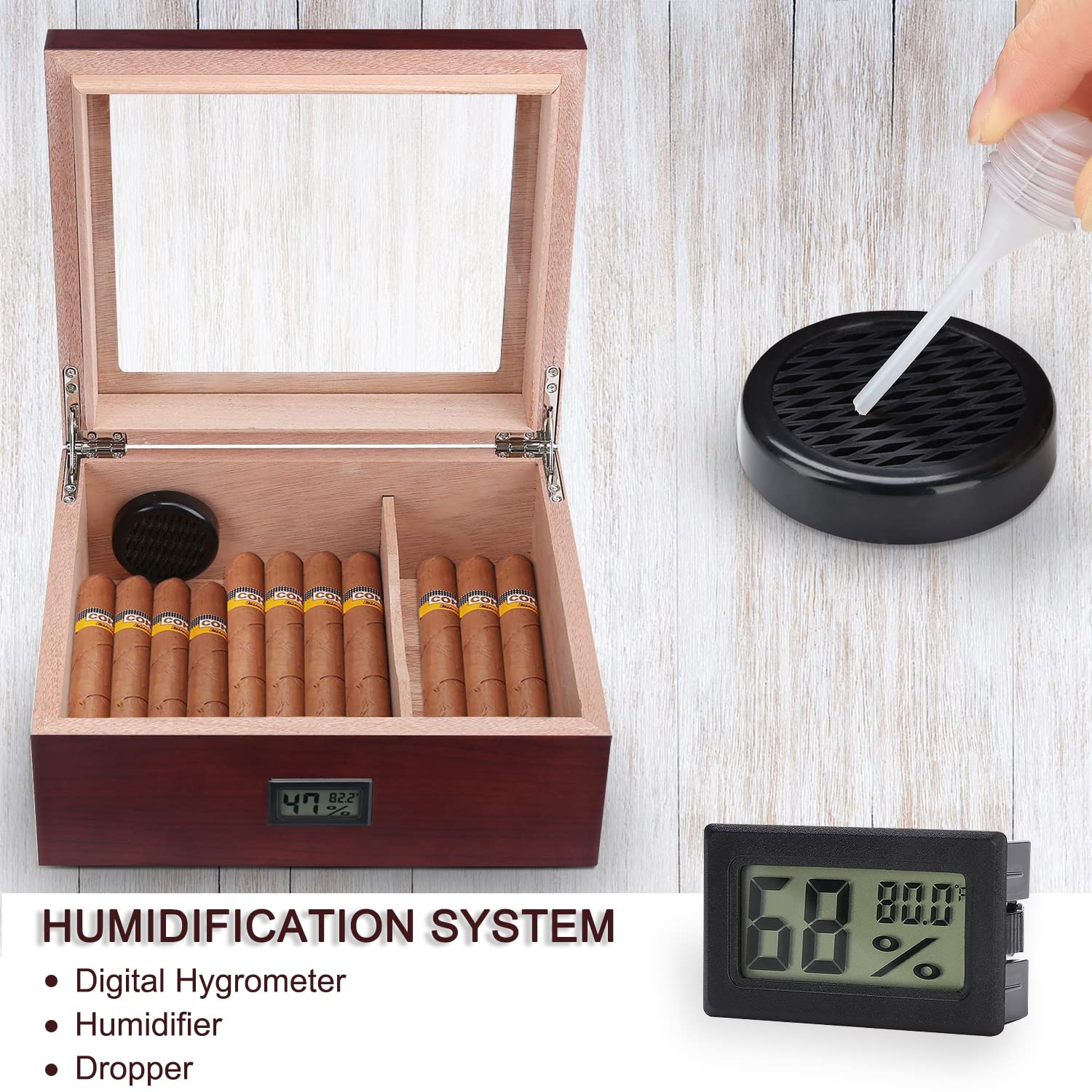 Handmade Cigar Humidor, Cedar Cigar Desktop Box with Humidifier and Hygrometer, Glass Top for 25 Cigars