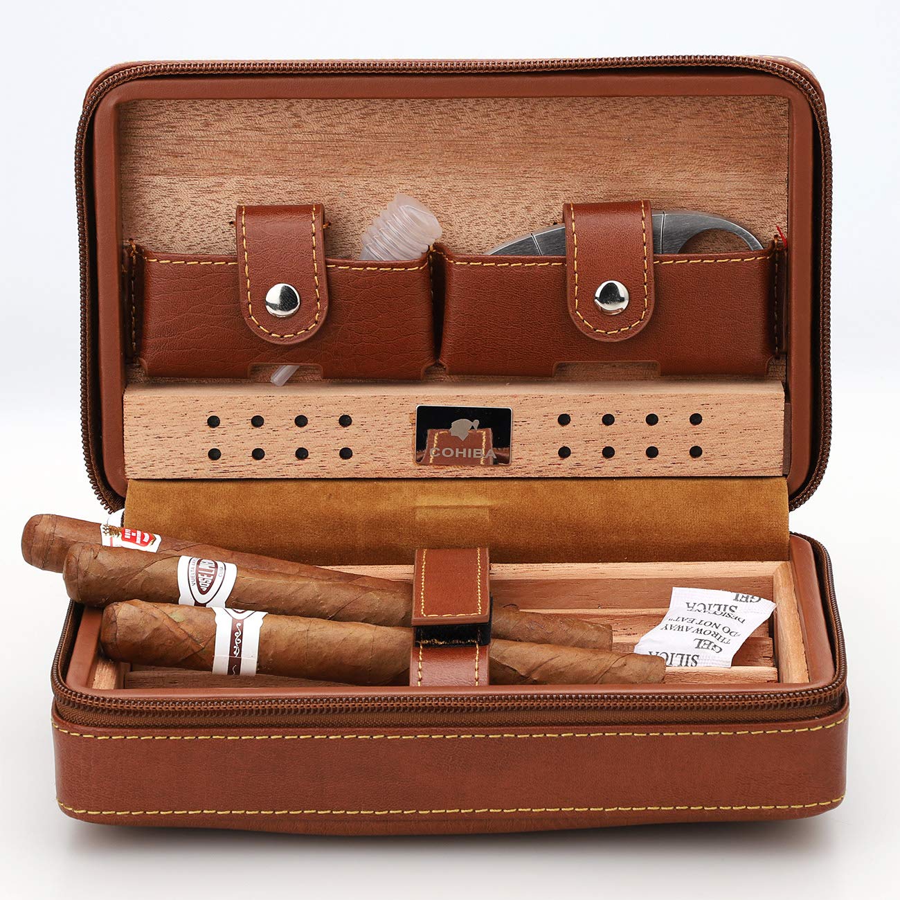 Portable Travel Leather Cigar Case, Cigar Cutter, Cigar Humidor with Cigar Cutter and Humidifier