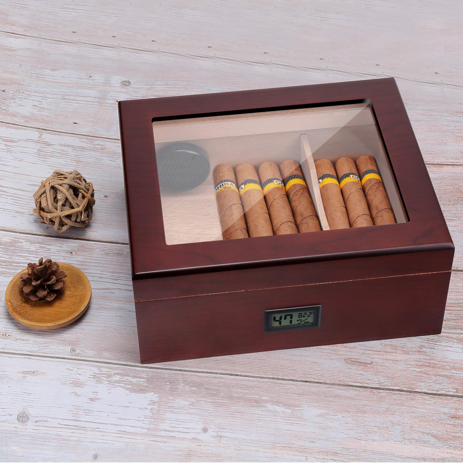 Handmade Cigar Humidor, Cedar Cigar Desktop Box with Humidifier and Hygrometer, Glass Top for 25 Cigars