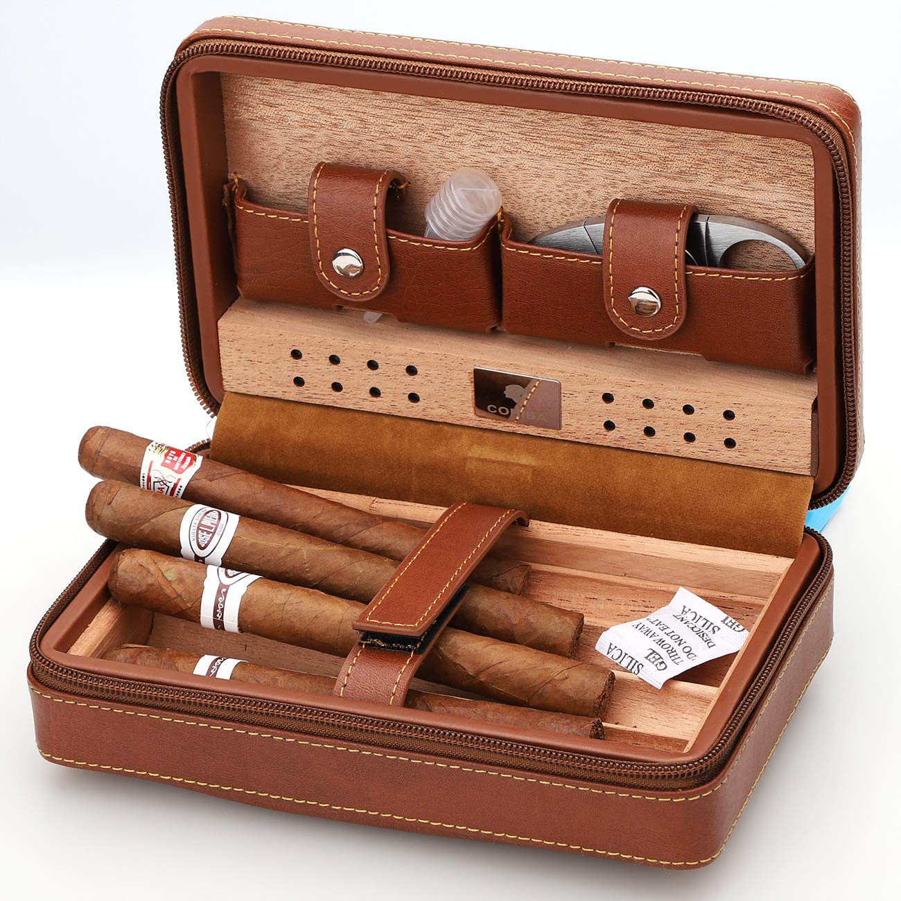 Portable Travel Leather Cigar Case, Cigar Cutter, Cigar Humidor with Cigar Cutter and Humidifier