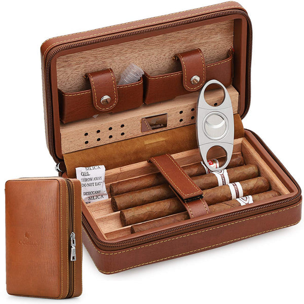 Portable Travel Leather Cigar Case, Cigar Cutter, Cigar Humidor with Cigar Cutter and Humidifier