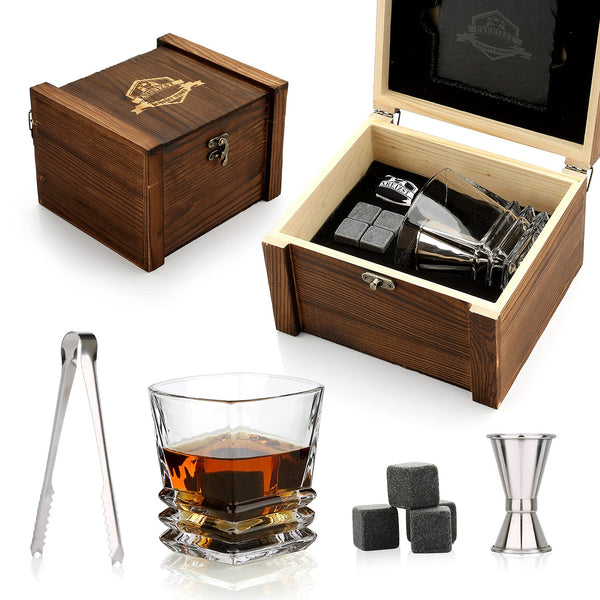 Whiskey Stones Gift Set - Whiskey Gifts for Men, Granite Chilling Whiskey Rocks, Scotch Bourbon Whiskey Glass Gift Box Set, Best Drinking Gifts for Dad Husband Birthday Party Holiday Present