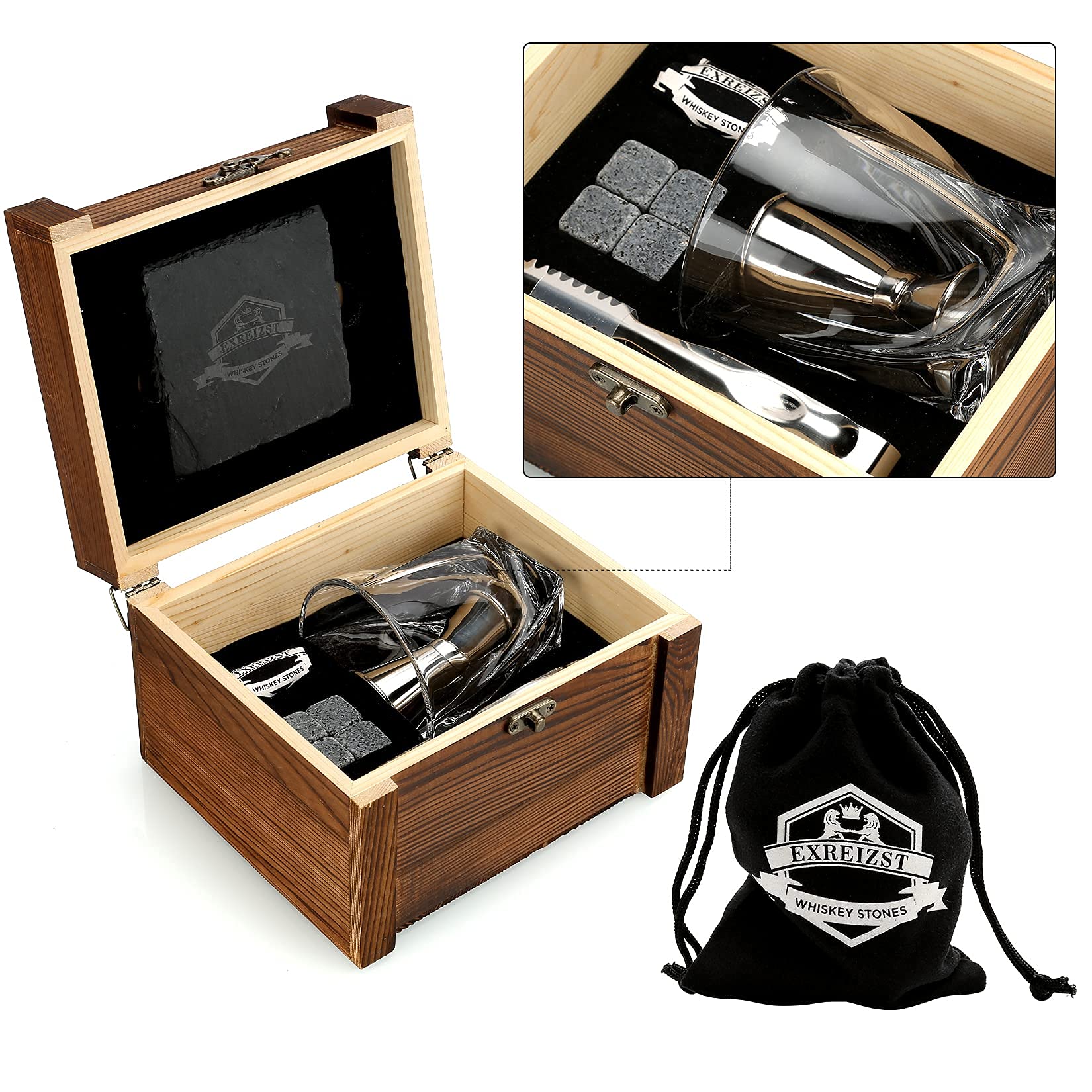 Whiskey Stones Gift Set - Whiskey Gifts for Men, Granite Chilling Whiskey Rocks, Scotch Bourbon Whiskey Glass Gift Box Set, Best Drinking Gifts for Dad Husband Birthday Party Holiday Present