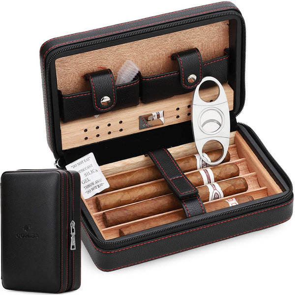 Portable Travel Leather Cigar Case, Cigar Humidor with Cigar Cutter and Humidifier