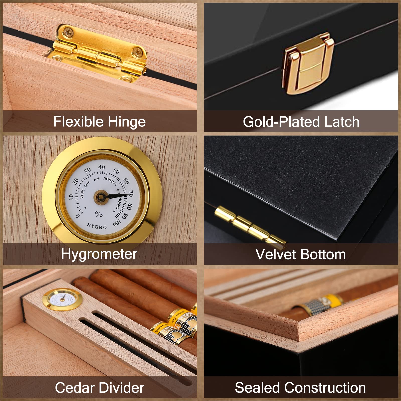 Handmade Cigar Humidor, Cedar Cigar Desktop Box with Humidifier and Hygrometer, Glass Top for 25 Cigars