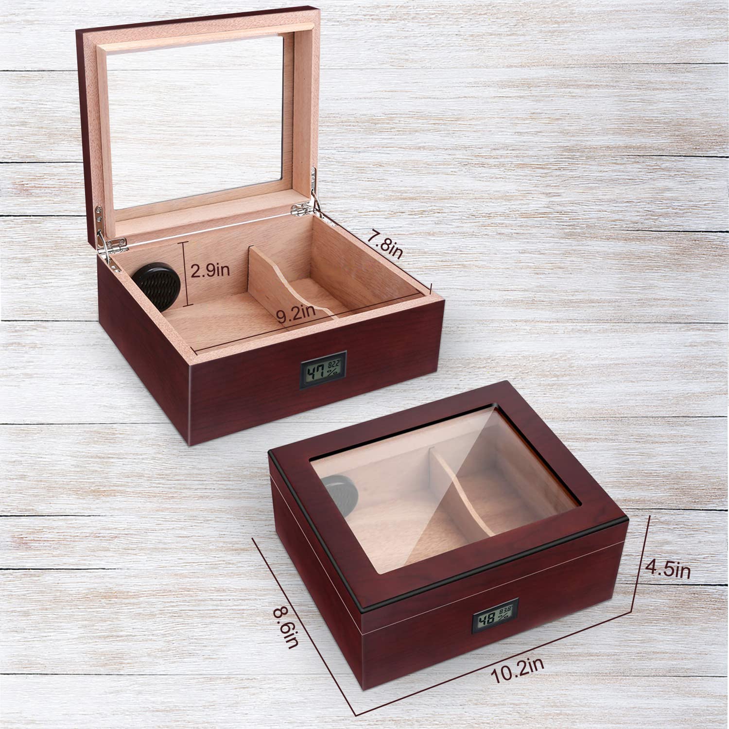 Handmade Cigar Humidor, Cedar Cigar Desktop Box with Humidifier and Hygrometer, Glass Top for 25 Cigars