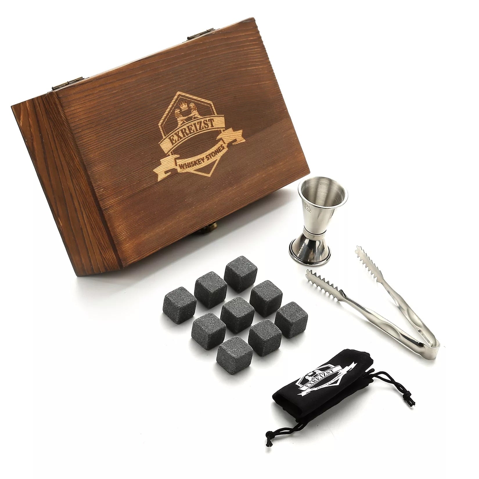 Whiskey Stones Gift Set - 9 Granite Chilling Stones Whisky Rocks - Reusable Ice Cubes With Tongs Stopper - Best Drinking Gift