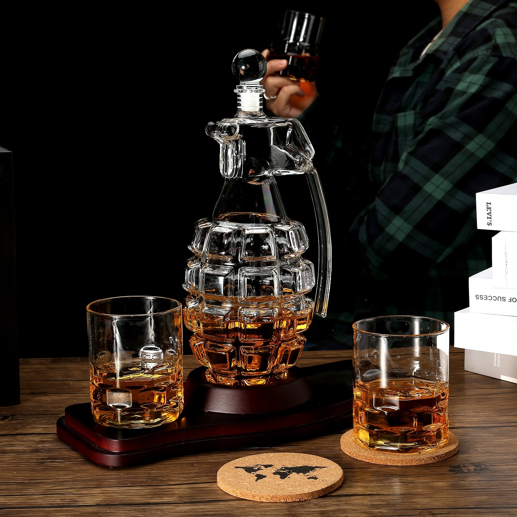 Whiskey Decanter Set Liquor Decanter and 2 Whiskey Glasses with Wooden Holder Scotch Bourbon Gift for Men Father's Day Gift