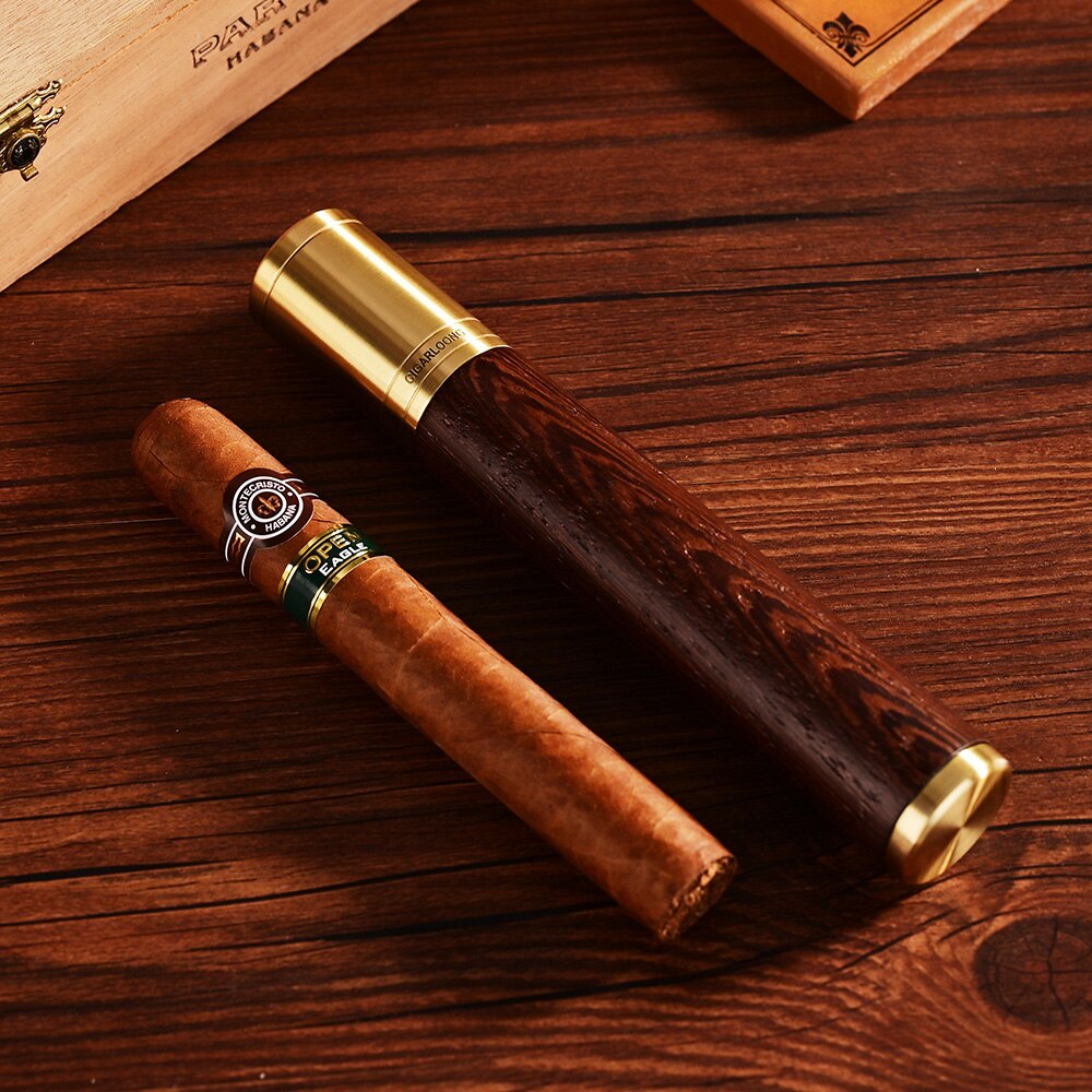 Metal Solid Wood Cigar Tube Holder Portable Single Cigar Case