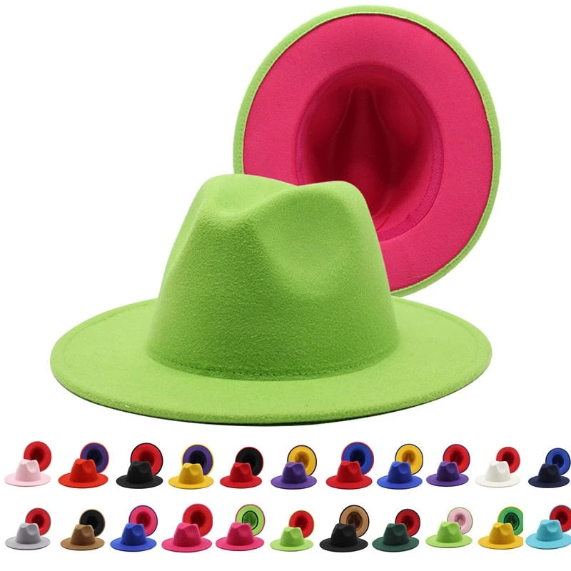 Two-color Fedora Hat Women Men Wide Brim Felt Jazz Hat