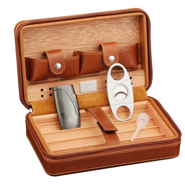Cedar Wood Cigar Humidor Travel Leather Cigar Case W/wo Lighter Cutter Humidifier Humidor Box For Cigar Accessories Set