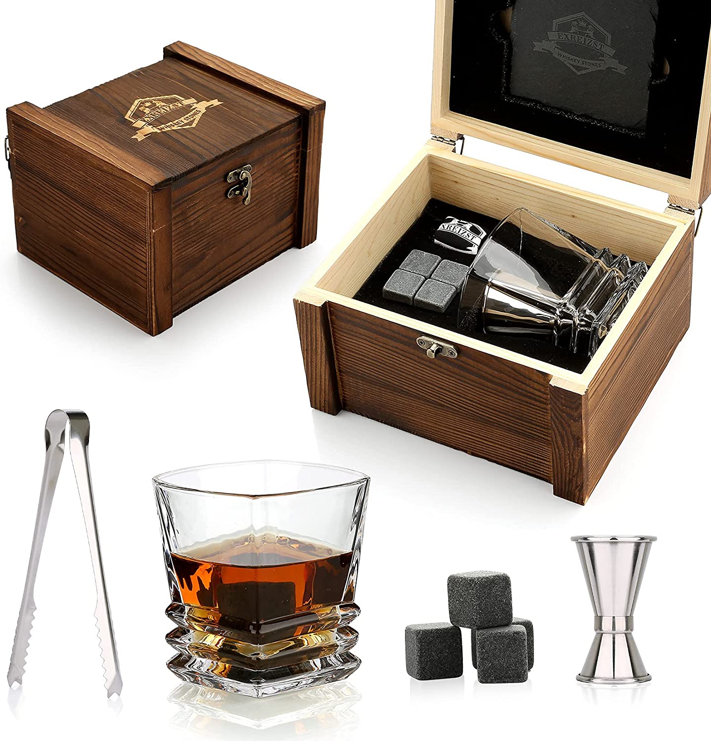 Whiskey Stones and Glass Gift Box Set - Granite Chilling Rocks, Best Drinking for Men Dad Husband Birthday Party Holiday Present