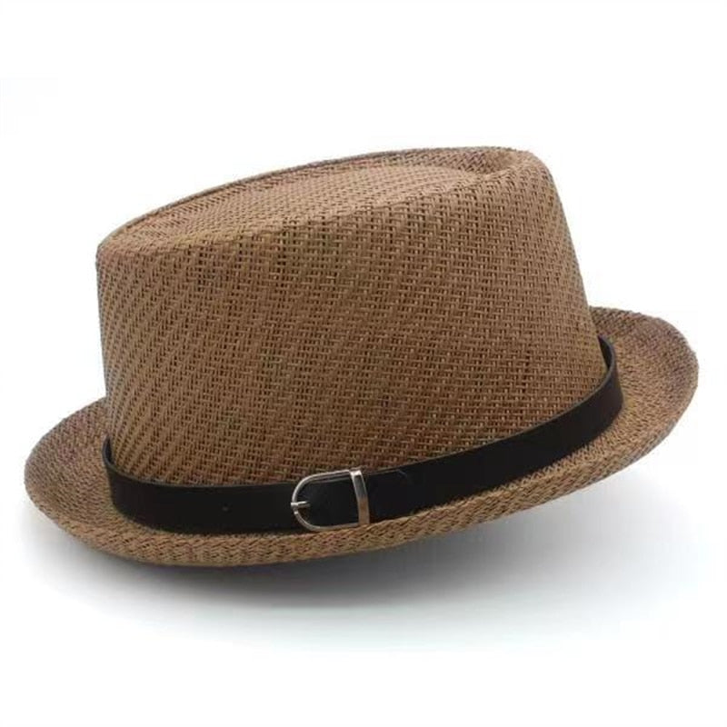 Summer Men's Straw Hat Flat Top Sun Protection Hat Jazz English French Curled Vintage Straw Weaving Sun Protection Top Hat