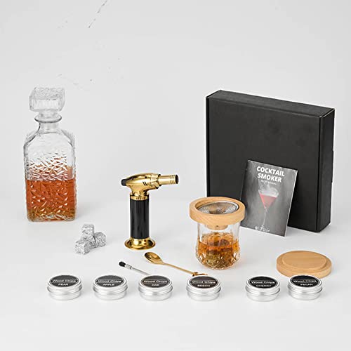 Cocktail smoker set, cocktail smoker set with six kinds of wood chips, gift for father, husband and cocktail lovers (no butane) (Gold)