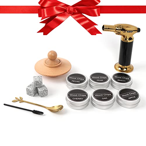 Cocktail smoker set, cocktail smoker set with six kinds of wood chips, gift for father, husband and cocktail lovers (no butane) (Gold)