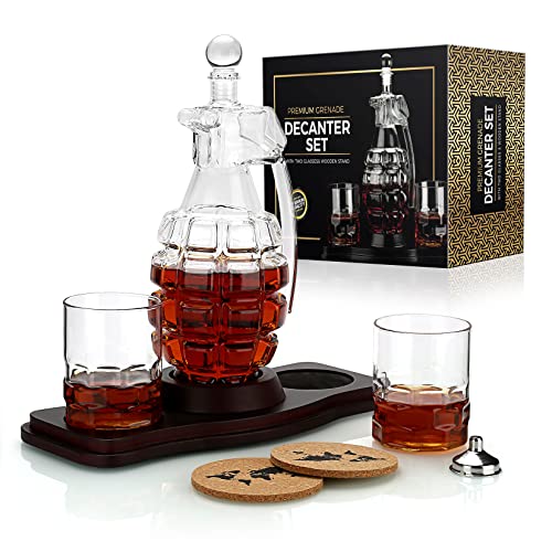 Grenade Whiskey Decanter with 2 Whiskey Glasses