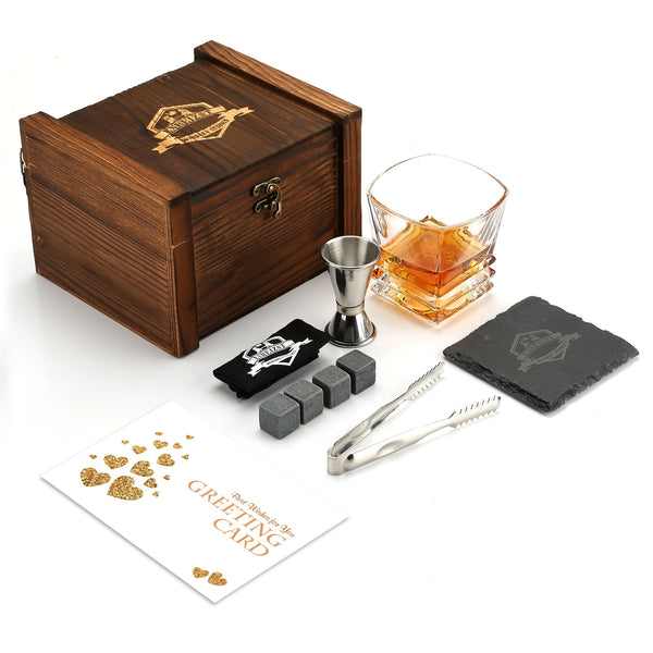 Whiskey Stones and Glass Gift Box Set - Granite Chilling Rocks, Best Drinking for Men Dad Husband Birthday Party Holiday Present